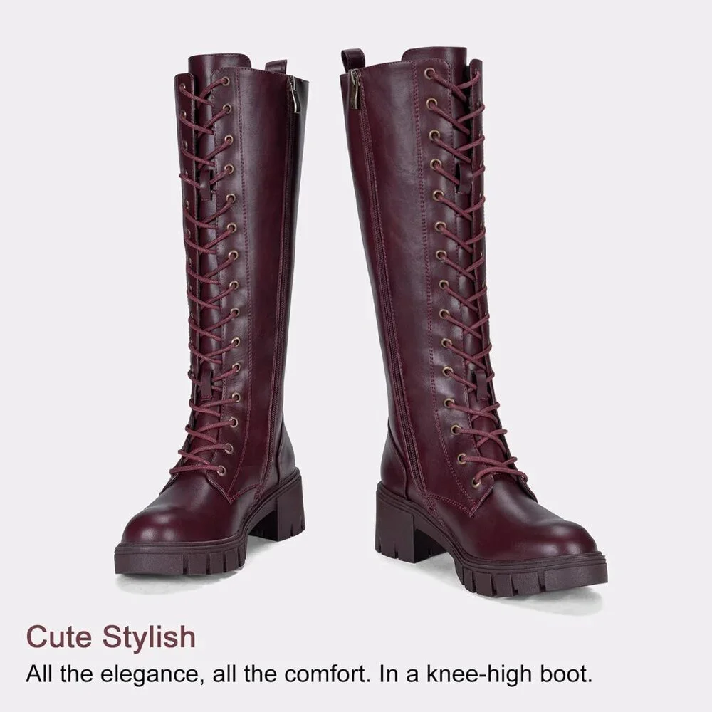 Women's Red Pu 953 Chunky Platform Heel Lace Gothic Knee High Combat Boots